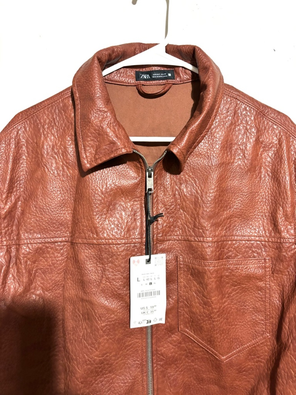 NWT Zara Men’s Brown Faux Leather Zip Up Jacket Size Large - Picture 4 of 5